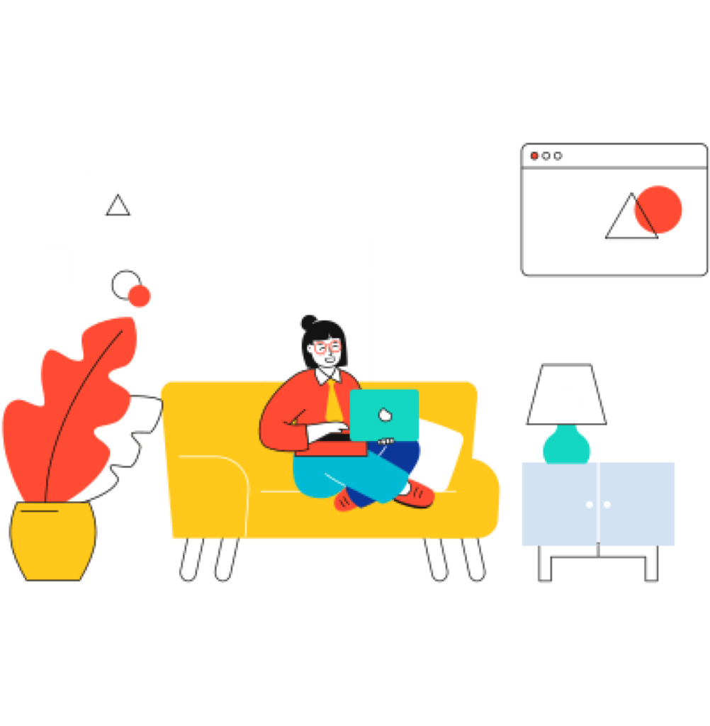Animação, mulher sentada no sofá usando notebook