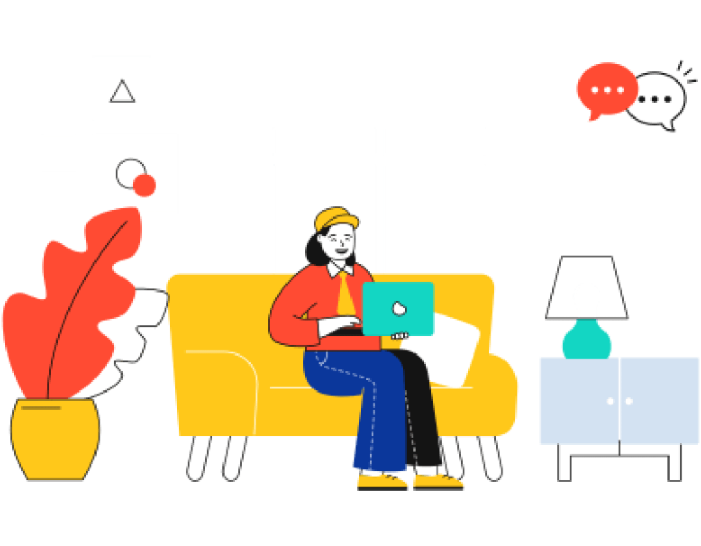 Animação, pessoa usando notebook sentada em um sofá