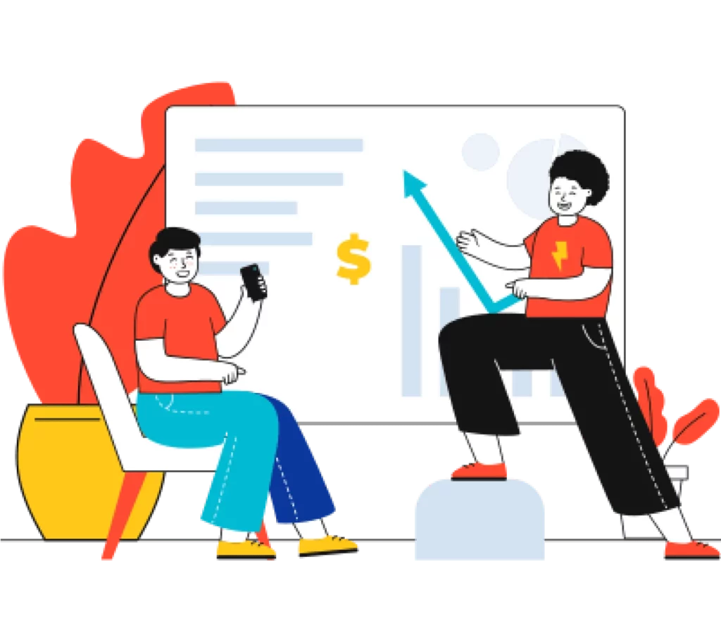 animação, duas pessoas, uma apresentando gráficos de crescimento e a outra falando ao telefone